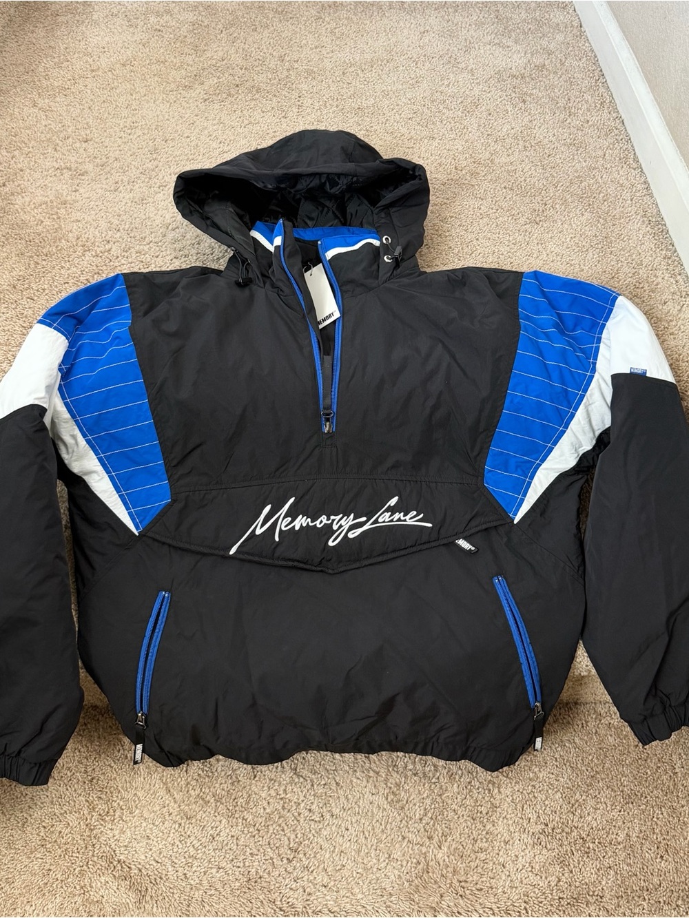Men’s Black & Blue Hooded Pullover Puffer Jacket